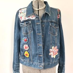 Jean jacket with vintage hankies linens buttons quilts yo-yo’s embroidery 12